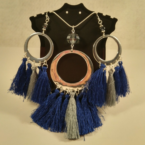 Necklace earring set silver circle blue tassel - Picture 1 of 4